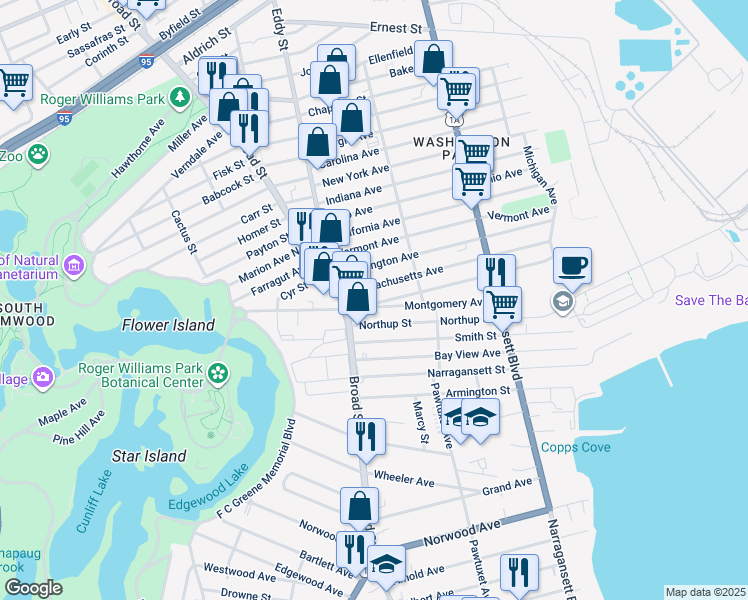 map of restaurants, bars, coffee shops, grocery stores, and more near 357 Northup Street in Cranston