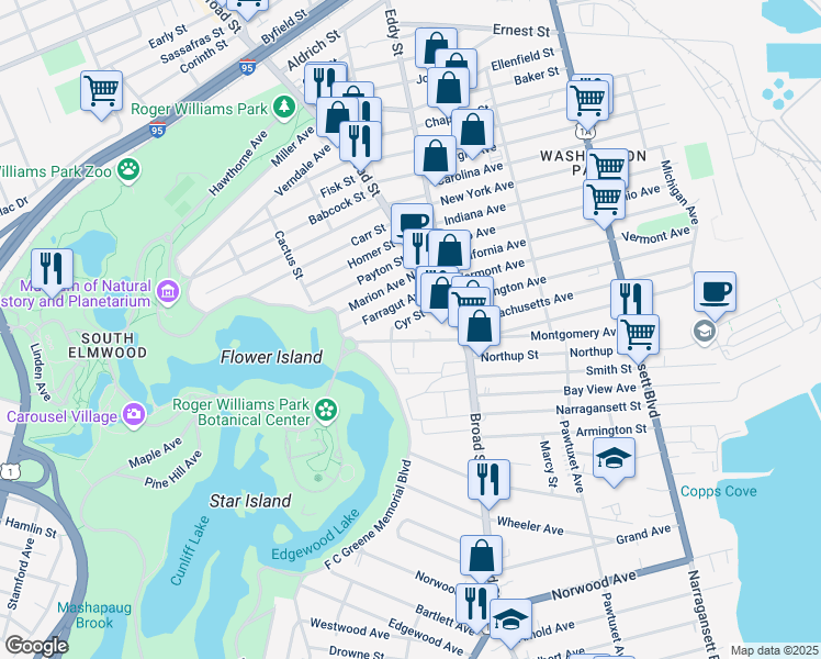 map of restaurants, bars, coffee shops, grocery stores, and more near 94 Cyr Street in Cranston
