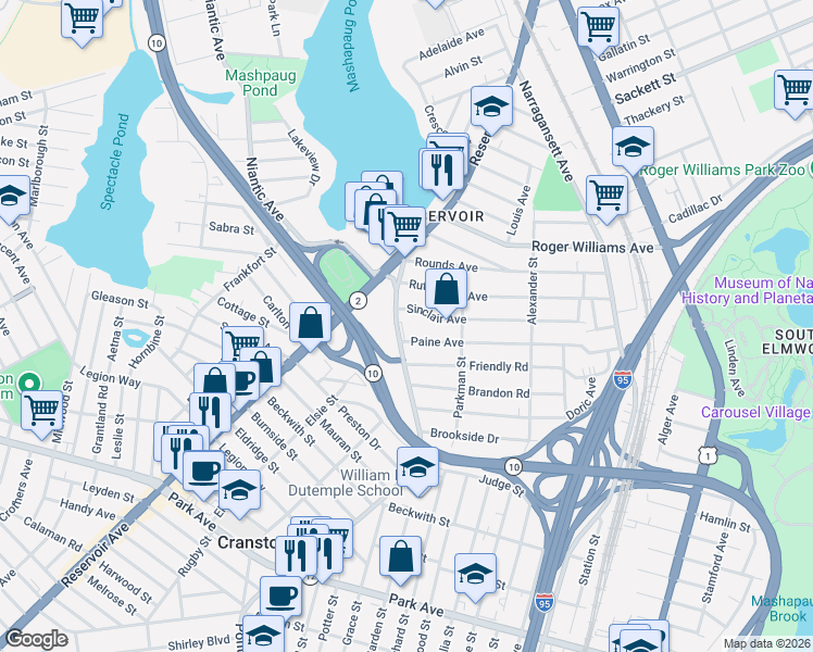 map of restaurants, bars, coffee shops, grocery stores, and more near 95 Pontiac Avenue in Cranston