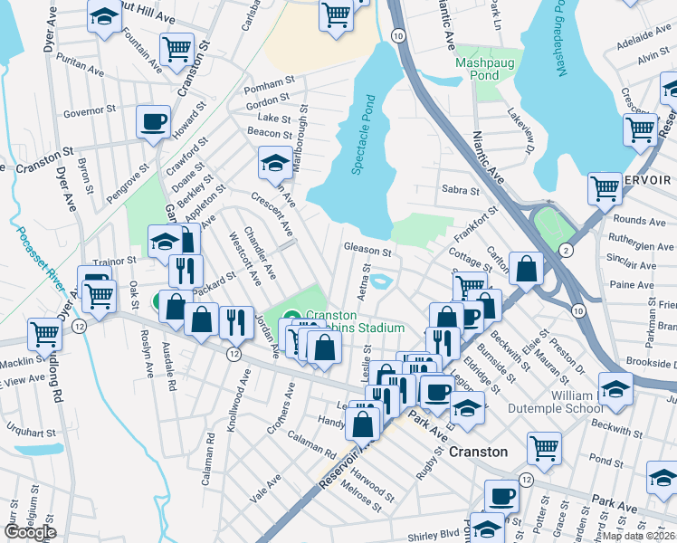 map of restaurants, bars, coffee shops, grocery stores, and more near 56 Caporal Street in Cranston