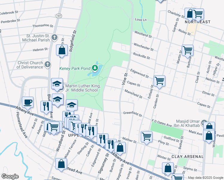 map of restaurants, bars, coffee shops, grocery stores, and more near 36 West Raymond Street in Hartford