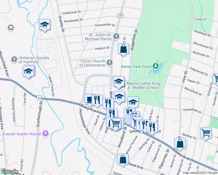 map of restaurants, bars, coffee shops, grocery stores, and more near 73 Blue Hills Avenue in Hartford