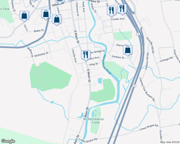 map of restaurants, bars, coffee shops, grocery stores, and more near 736 South Main Street in Torrington
