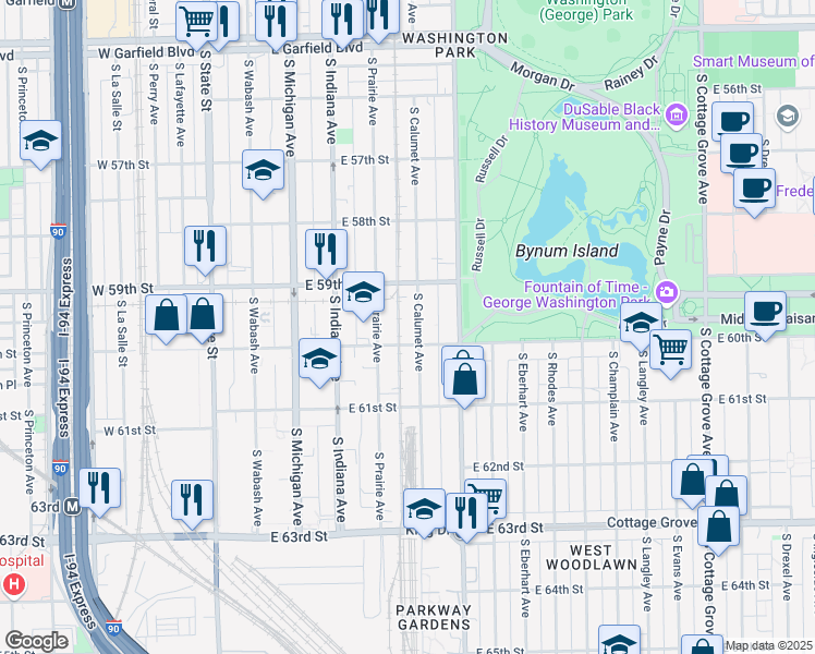map of restaurants, bars, coffee shops, grocery stores, and more near 313 East 60th Street in Chicago