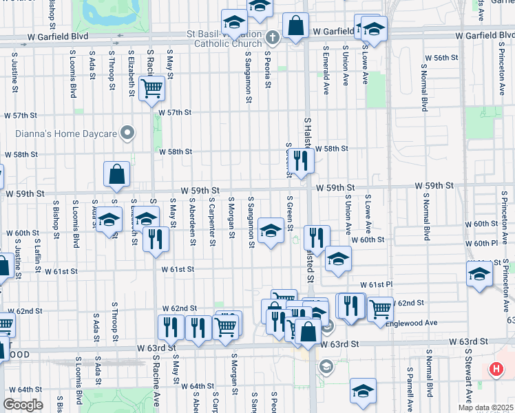 map of restaurants, bars, coffee shops, grocery stores, and more near 5952 South Peoria Street in Chicago