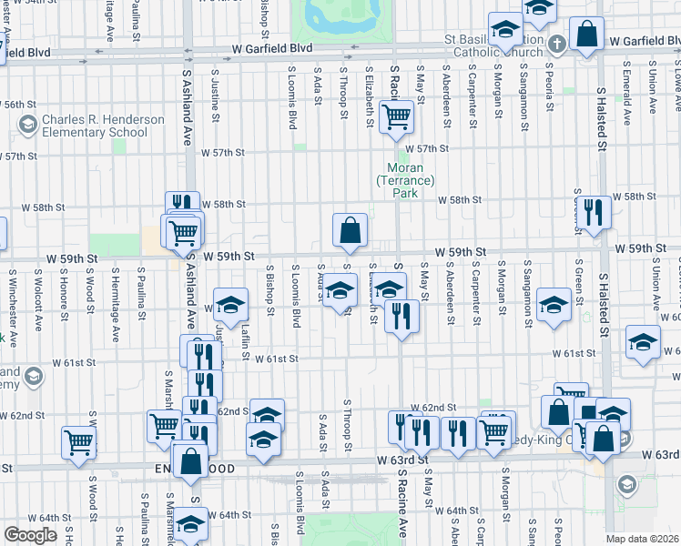 map of restaurants, bars, coffee shops, grocery stores, and more near 5945 South Throop Street in Chicago