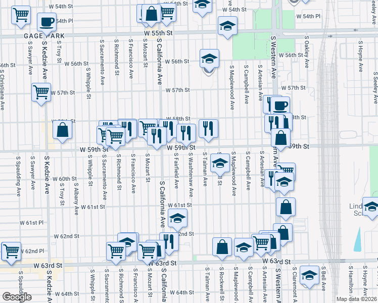 map of restaurants, bars, coffee shops, grocery stores, and more near 5930 South Washtenaw Avenue in Chicago