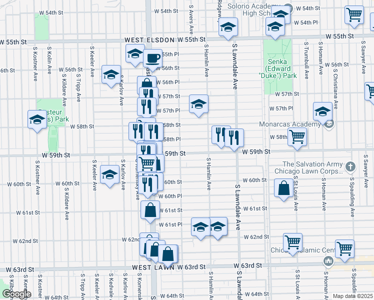 map of restaurants, bars, coffee shops, grocery stores, and more near 3848 West 59th Place in Chicago