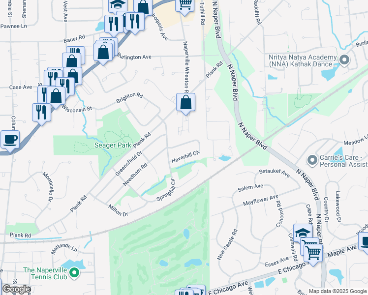 map of restaurants, bars, coffee shops, grocery stores, and more near 1314 Haverhill Circle in Naperville