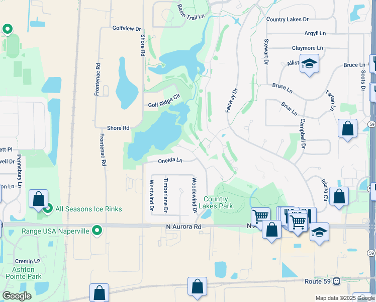 map of restaurants, bars, coffee shops, grocery stores, and more near 2412 Oneida Lane in Naperville