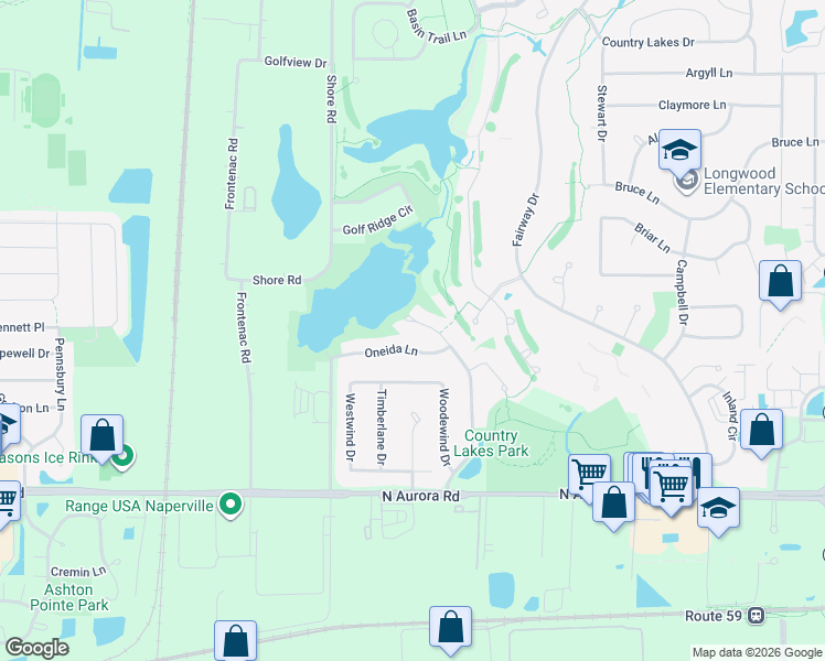 map of restaurants, bars, coffee shops, grocery stores, and more near 2466 Oneida Lane in Naperville