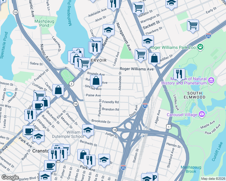 map of restaurants, bars, coffee shops, grocery stores, and more near 91 Paine Avenue in Cranston