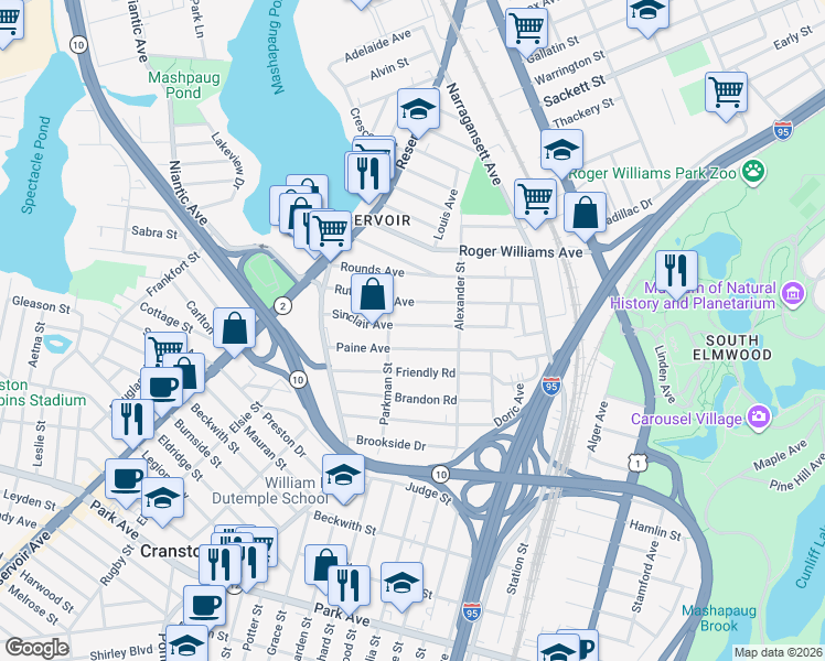 map of restaurants, bars, coffee shops, grocery stores, and more near 59 Paine Avenue in Cranston
