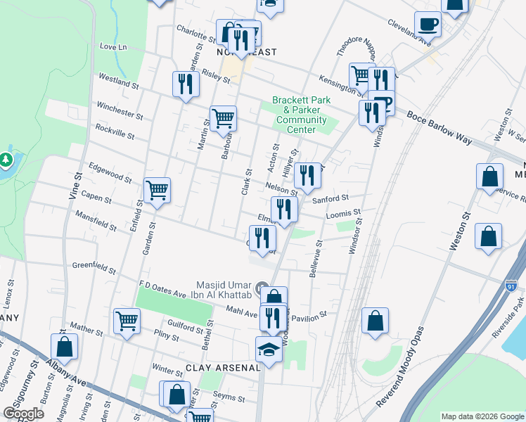 map of restaurants, bars, coffee shops, grocery stores, and more near 43 Elmer Street in Hartford