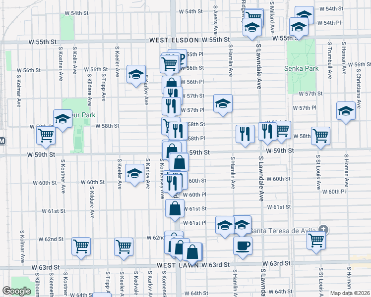 map of restaurants, bars, coffee shops, grocery stores, and more near 3925 West 59th Street in Chicago