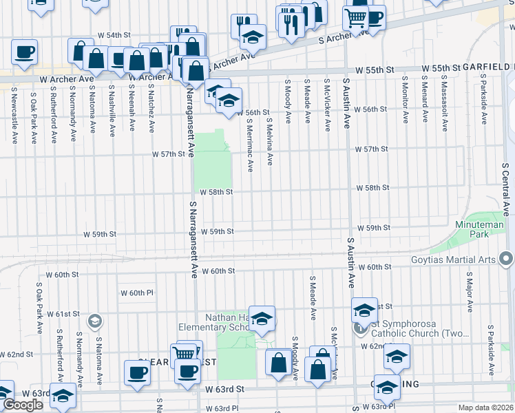map of restaurants, bars, coffee shops, grocery stores, and more near 5844 South Melvina Avenue in Chicago
