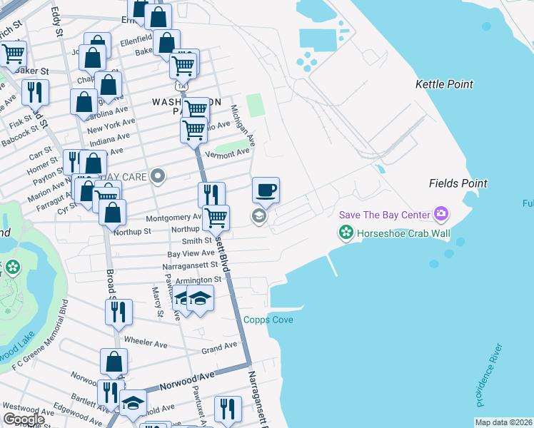 map of restaurants, bars, coffee shops, grocery stores, and more near Harborside Boulevard in Providence County