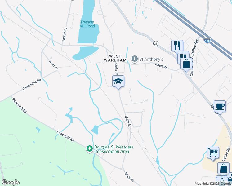 map of restaurants, bars, coffee shops, grocery stores, and more near 1014 Main Street in Wareham
