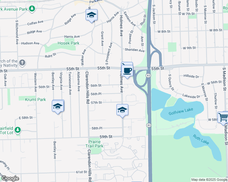 map of restaurants, bars, coffee shops, grocery stores, and more near 640 56th Place in Clarendon Hills