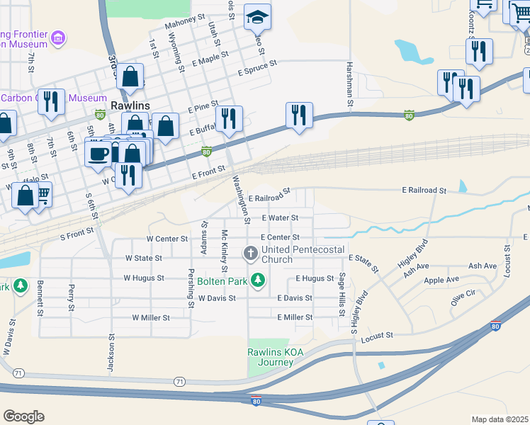 map of restaurants, bars, coffee shops, grocery stores, and more near 200-298 Jefferson St in Rawlins