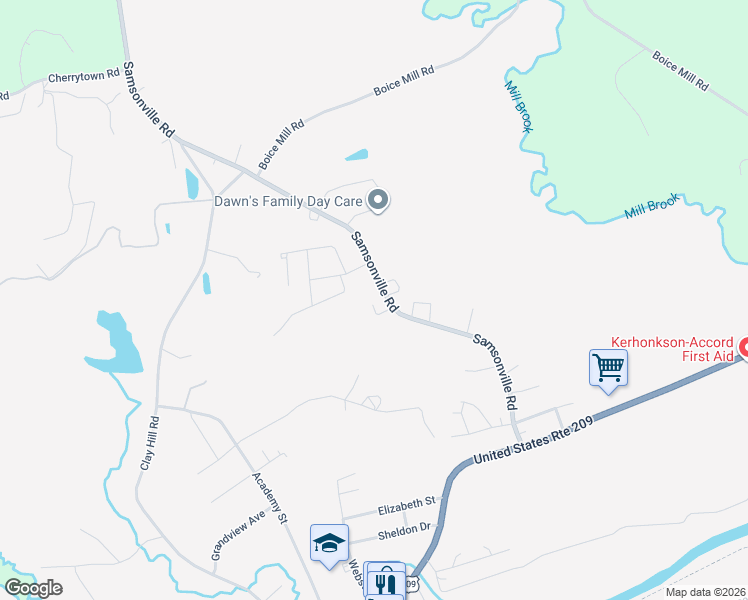 map of restaurants, bars, coffee shops, grocery stores, and more near 57 Samsonville Road in Kerhonkson