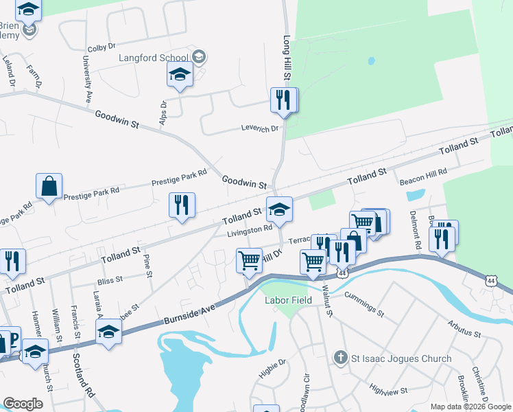 map of restaurants, bars, coffee shops, grocery stores, and more near 888 Tolland Street in East Hartford