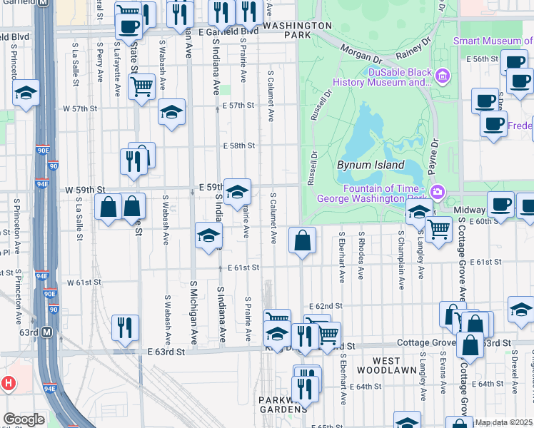 map of restaurants, bars, coffee shops, grocery stores, and more near 313 East 60th Street in Chicago