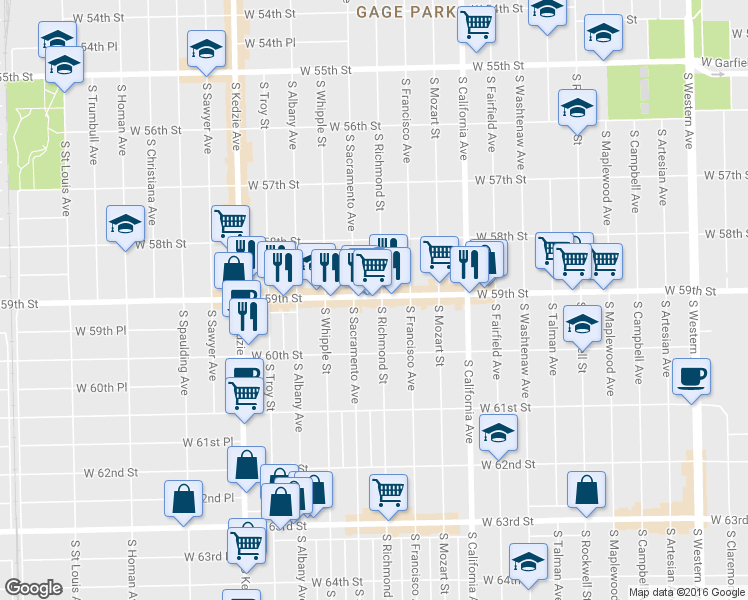 map of restaurants, bars, coffee shops, grocery stores, and more near 2941 W 59th St in Chicago
