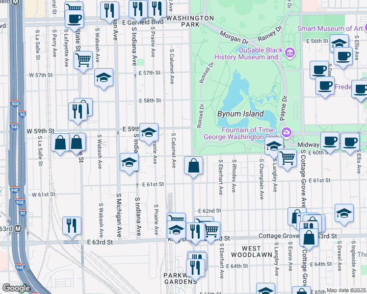 map of restaurants, bars, coffee shops, grocery stores, and more near 357 East 60th Street in Chicago