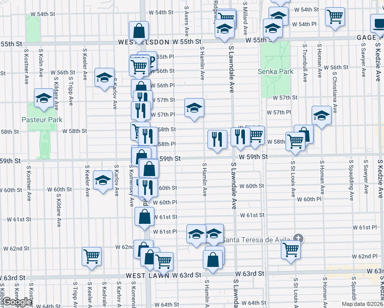 map of restaurants, bars, coffee shops, grocery stores, and more near 3808 West 58th Place in Chicago