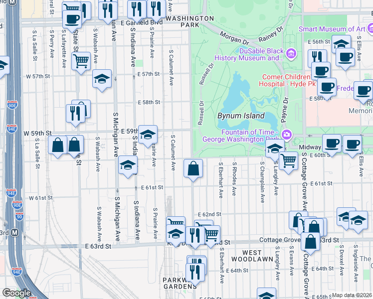map of restaurants, bars, coffee shops, grocery stores, and more near 5916 South King Drive in Chicago