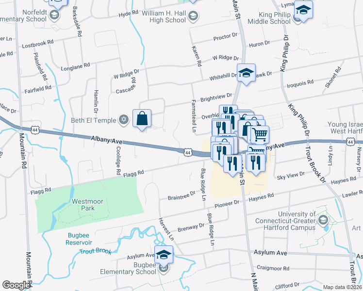 map of restaurants, bars, coffee shops, grocery stores, and more near 35 Farmstead Lane in West Hartford