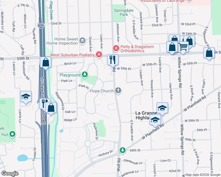 map of restaurants, bars, coffee shops, grocery stores, and more near 905 Park Place in Western Springs