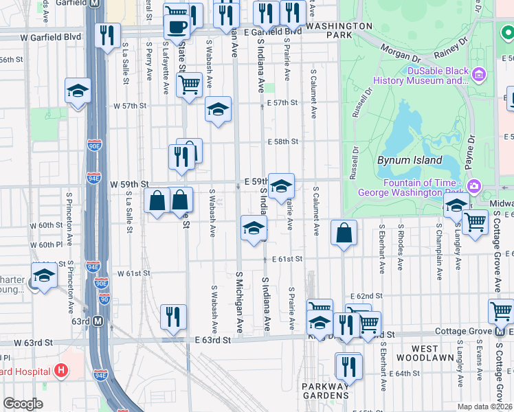 map of restaurants, bars, coffee shops, grocery stores, and more near 5910 South Indiana Avenue in Chicago