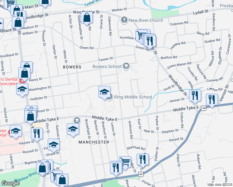 map of restaurants, bars, coffee shops, grocery stores, and more near 98 Princeton Street in Manchester
