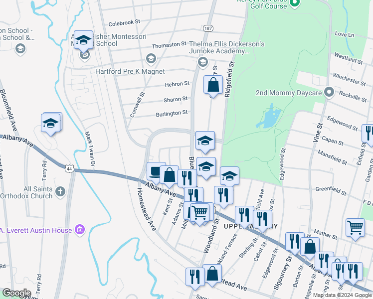 map of restaurants, bars, coffee shops, grocery stores, and more near 7 Norfolk Street in Hartford