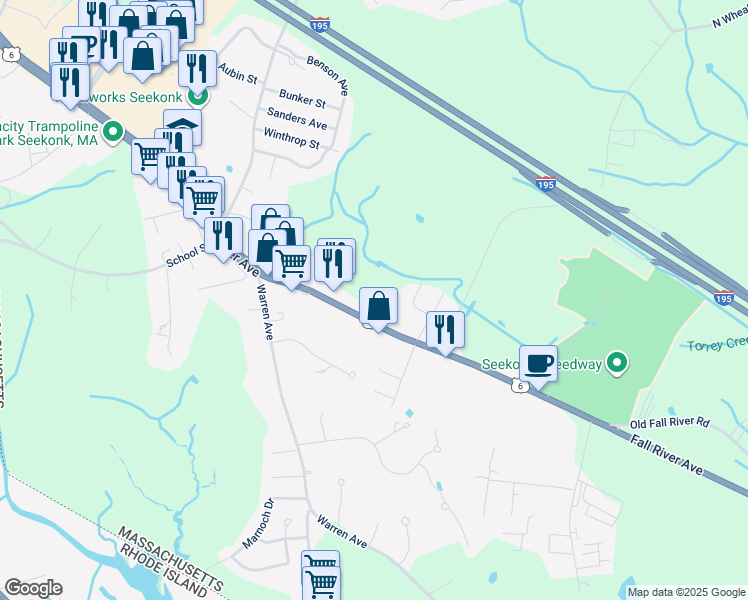 map of restaurants, bars, coffee shops, grocery stores, and more near 1530 Fall River Avenue in Seekonk