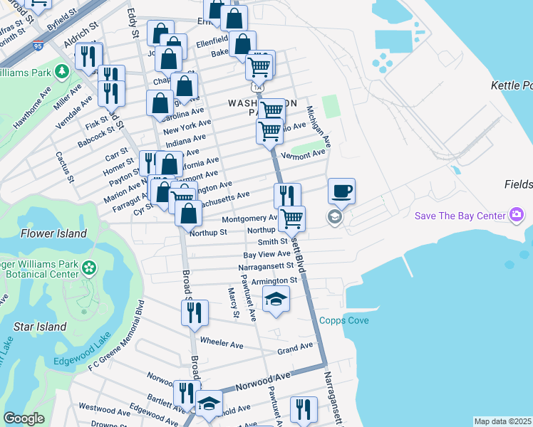 map of restaurants, bars, coffee shops, grocery stores, and more near 199 Alabama Avenue in Providence