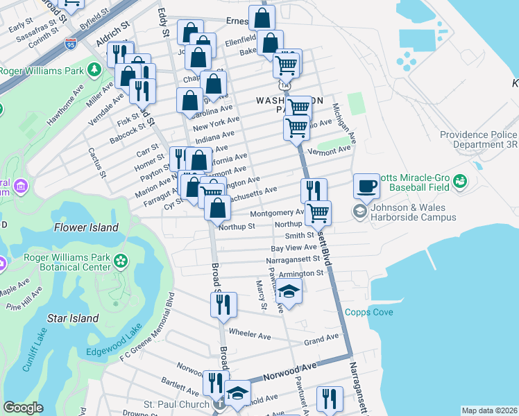 map of restaurants, bars, coffee shops, grocery stores, and more near 222 Washington Avenue in Providence
