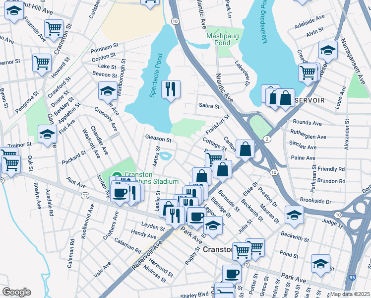 map of restaurants, bars, coffee shops, grocery stores, and more near 4 Frankfort Street in Cranston