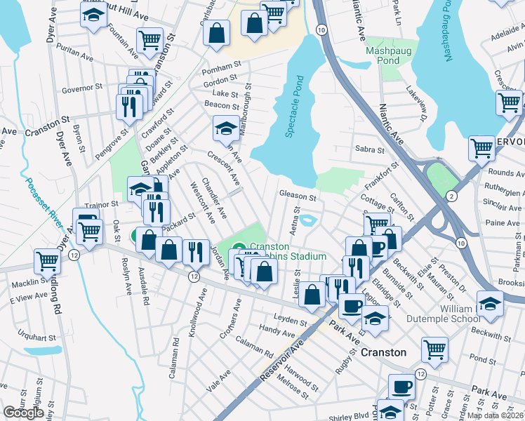 map of restaurants, bars, coffee shops, grocery stores, and more near 189 Harmon Avenue in Cranston