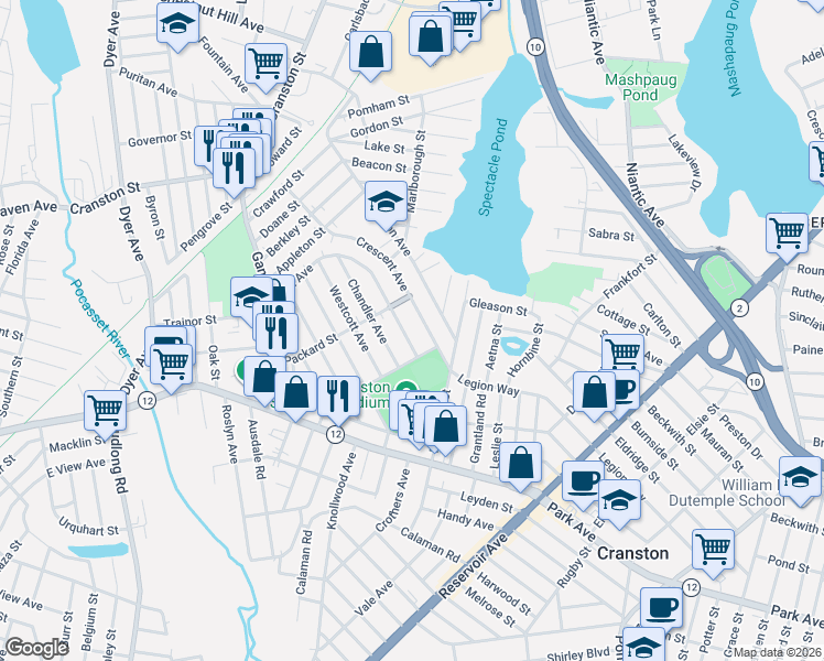 map of restaurants, bars, coffee shops, grocery stores, and more near 115 Fiat Avenue in Cranston