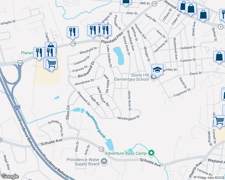 map of restaurants, bars, coffee shops, grocery stores, and more near 14 Star Lane in Cranston