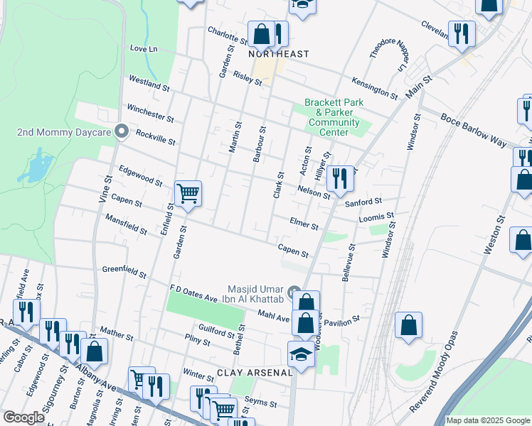 map of restaurants, bars, coffee shops, grocery stores, and more near 75 Clark Street in Hartford