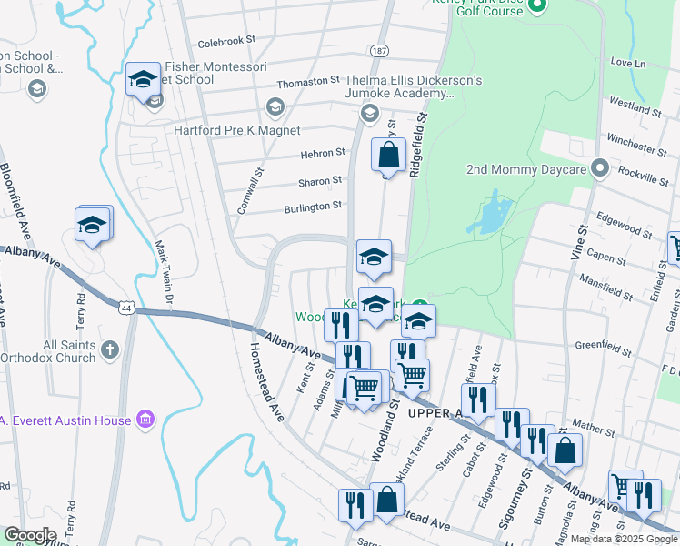 map of restaurants, bars, coffee shops, grocery stores, and more near 123 Blue Hills Avenue in Hartford