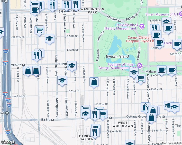map of restaurants, bars, coffee shops, grocery stores, and more near 5916 South King Drive in Chicago