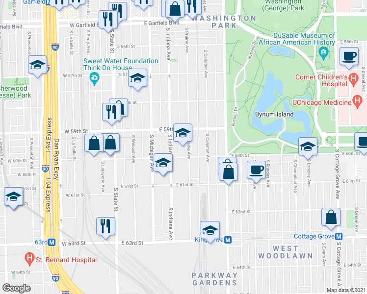 map of restaurants, bars, coffee shops, grocery stores, and more near 5910 South Prairie Avenue in Chicago
