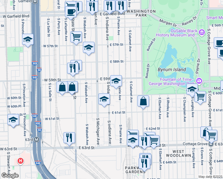 map of restaurants, bars, coffee shops, grocery stores, and more near 5910 South Prairie Avenue in Chicago