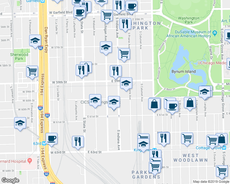 map of restaurants, bars, coffee shops, grocery stores, and more near 5910 South Indiana Avenue in Chicago