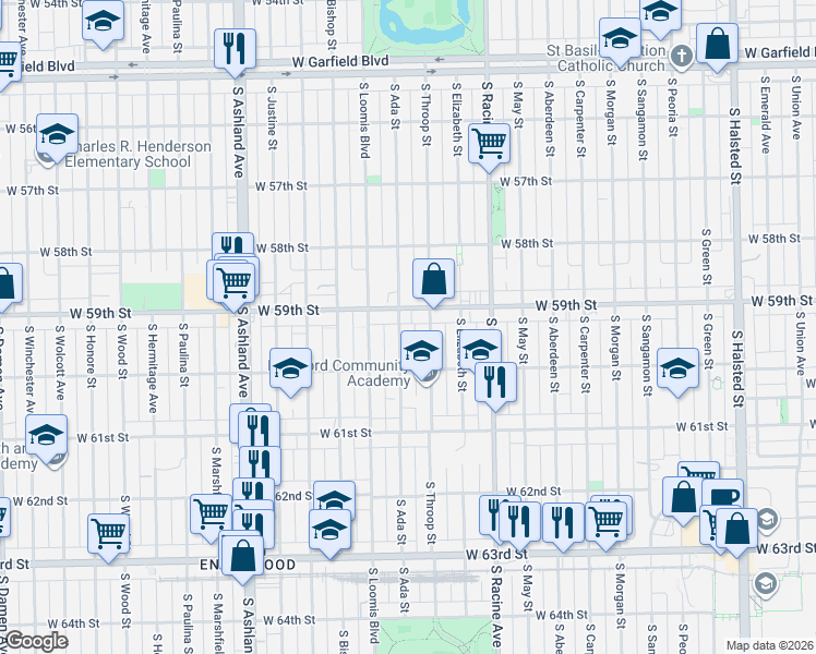 map of restaurants, bars, coffee shops, grocery stores, and more near 1334 West 59th Street in Chicago